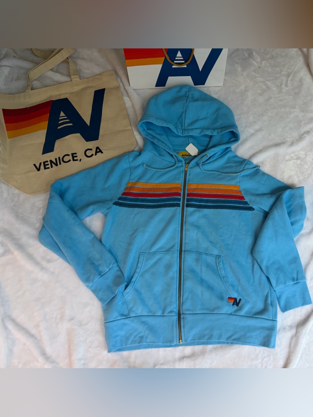 - NWT Aviator Nation  5 Stripe Zip Hoodie in Sky Size Medium + Tote Bag